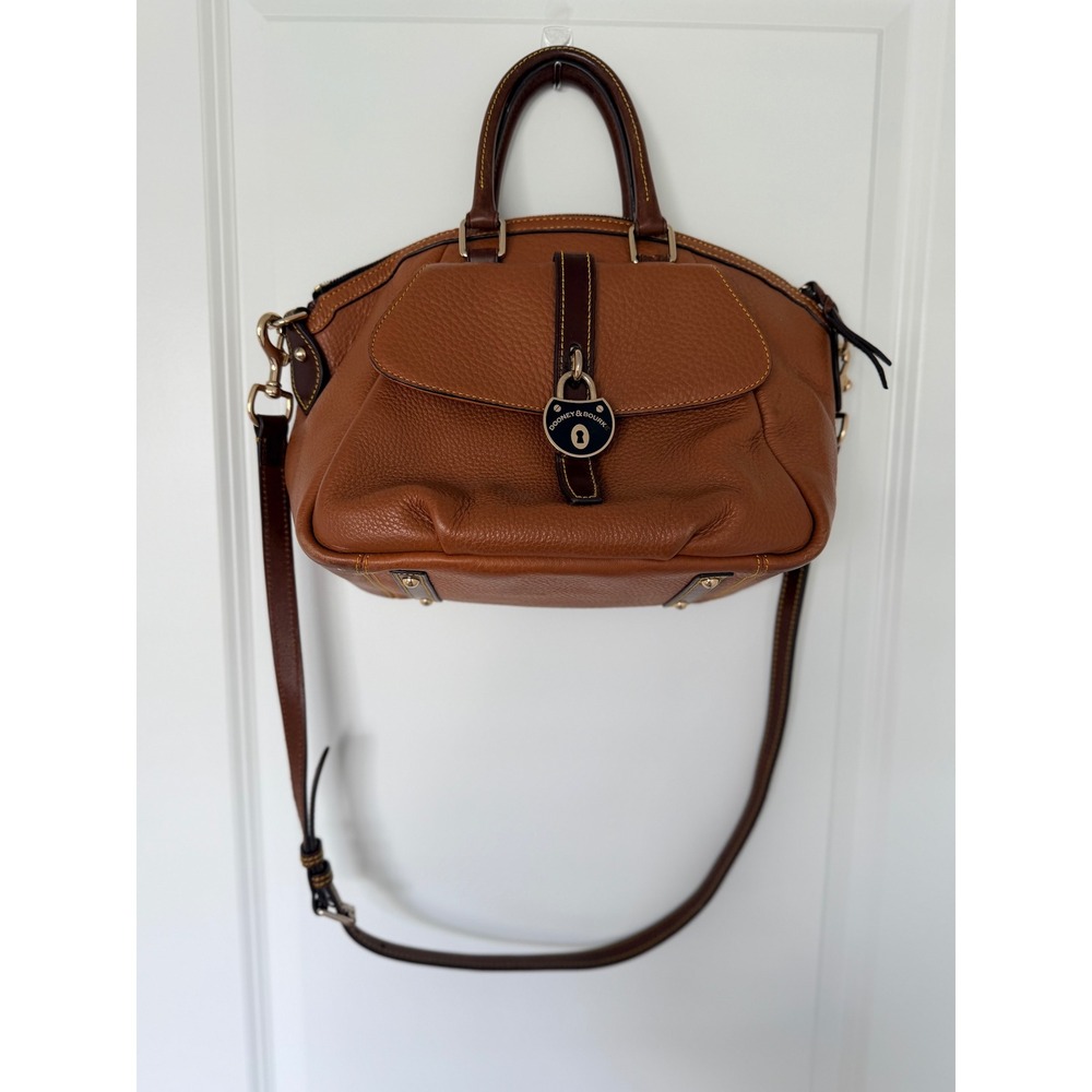 Dooney & Bourke Pebbled Leather Logo Lock Satchel Crossbody Bag Tan Brown
